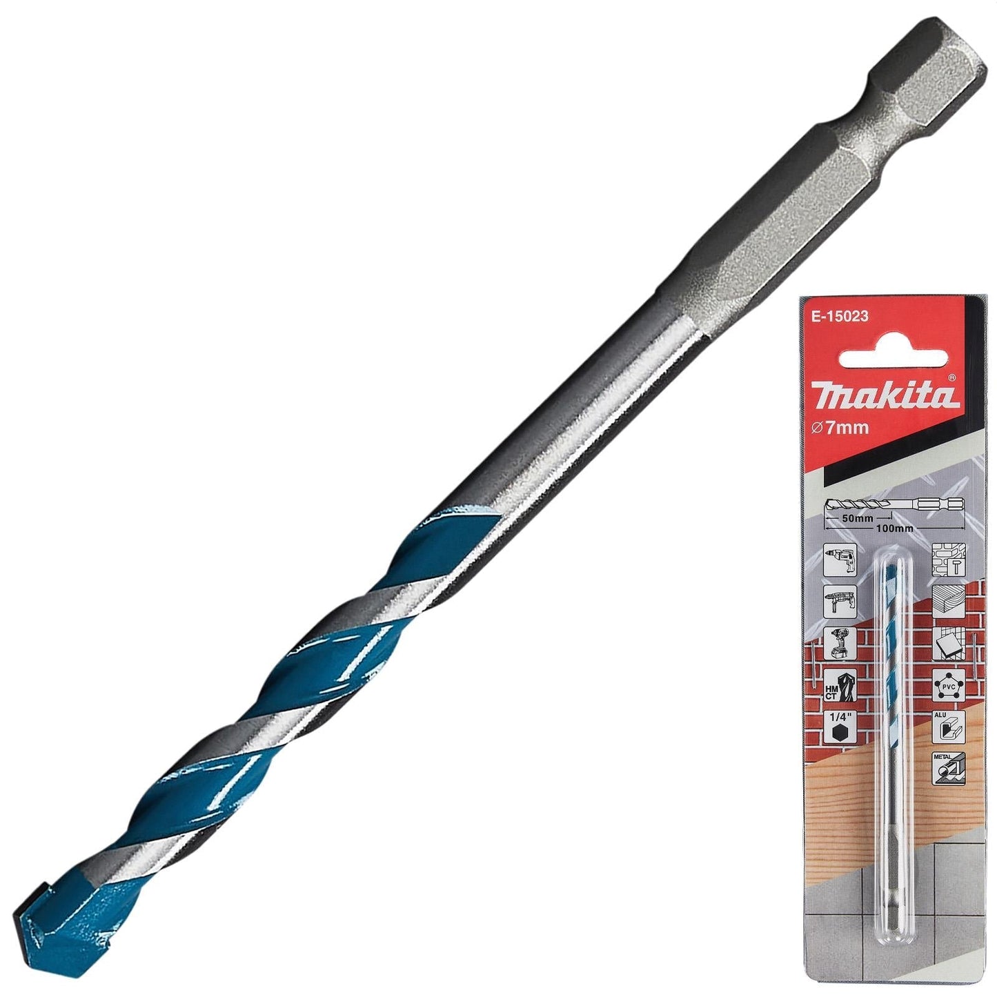 Makita TCT Multi-Material Drill Bits with 1/4" Hex Shank – Available in Various Sizes (Wood, Plastic, Masonry, Ceramic, Steel)