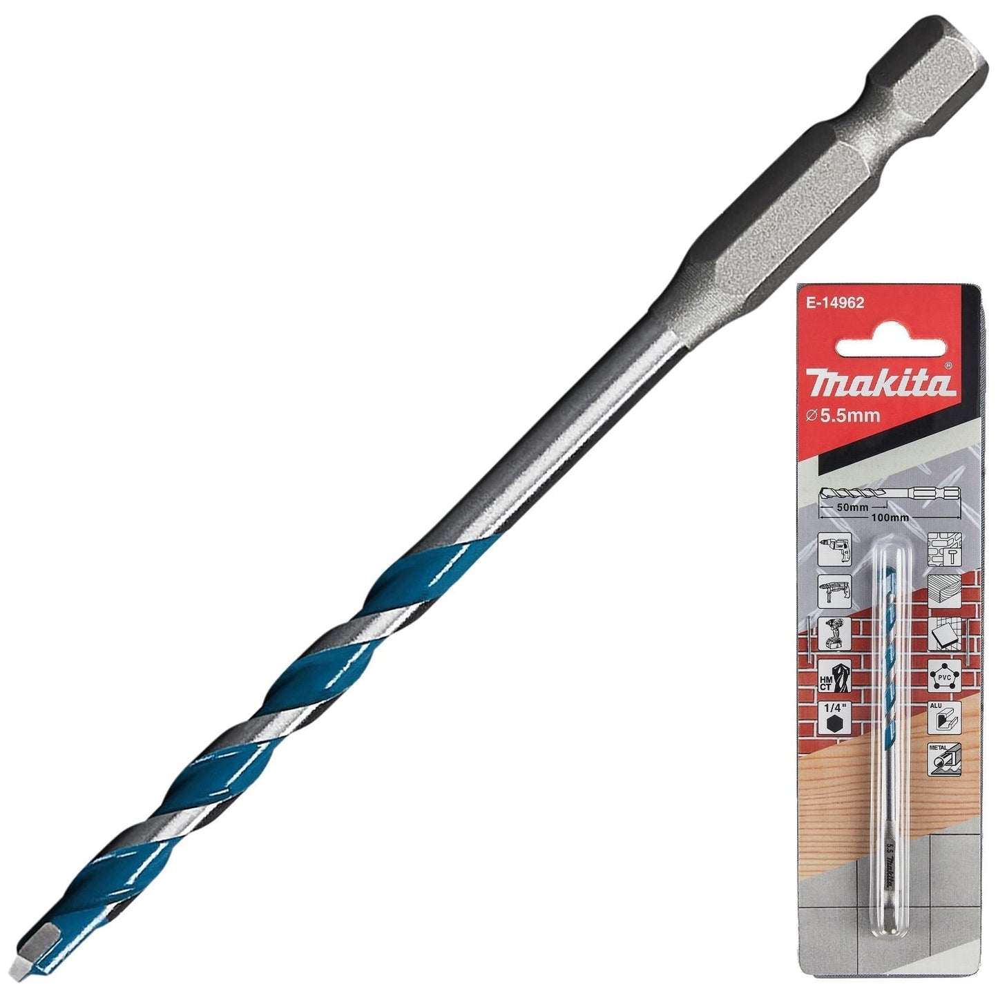 Makita TCT Multi-Material Drill Bits with 1/4" Hex Shank – Available in Various Sizes (Wood, Plastic, Masonry, Ceramic, Steel)