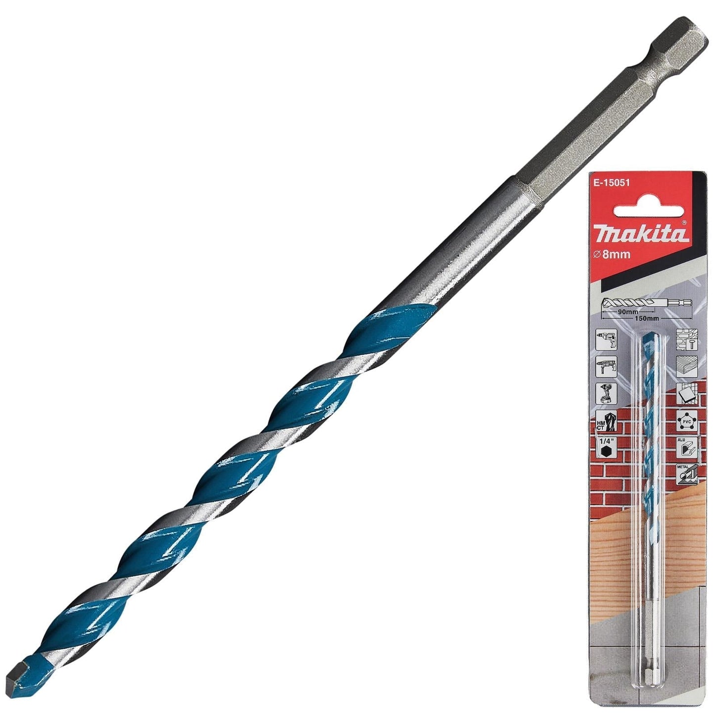 Makita TCT Multi-Material Drill Bits with 1/4" Hex Shank – Available in Various Sizes (Wood, Plastic, Masonry, Ceramic, Steel)