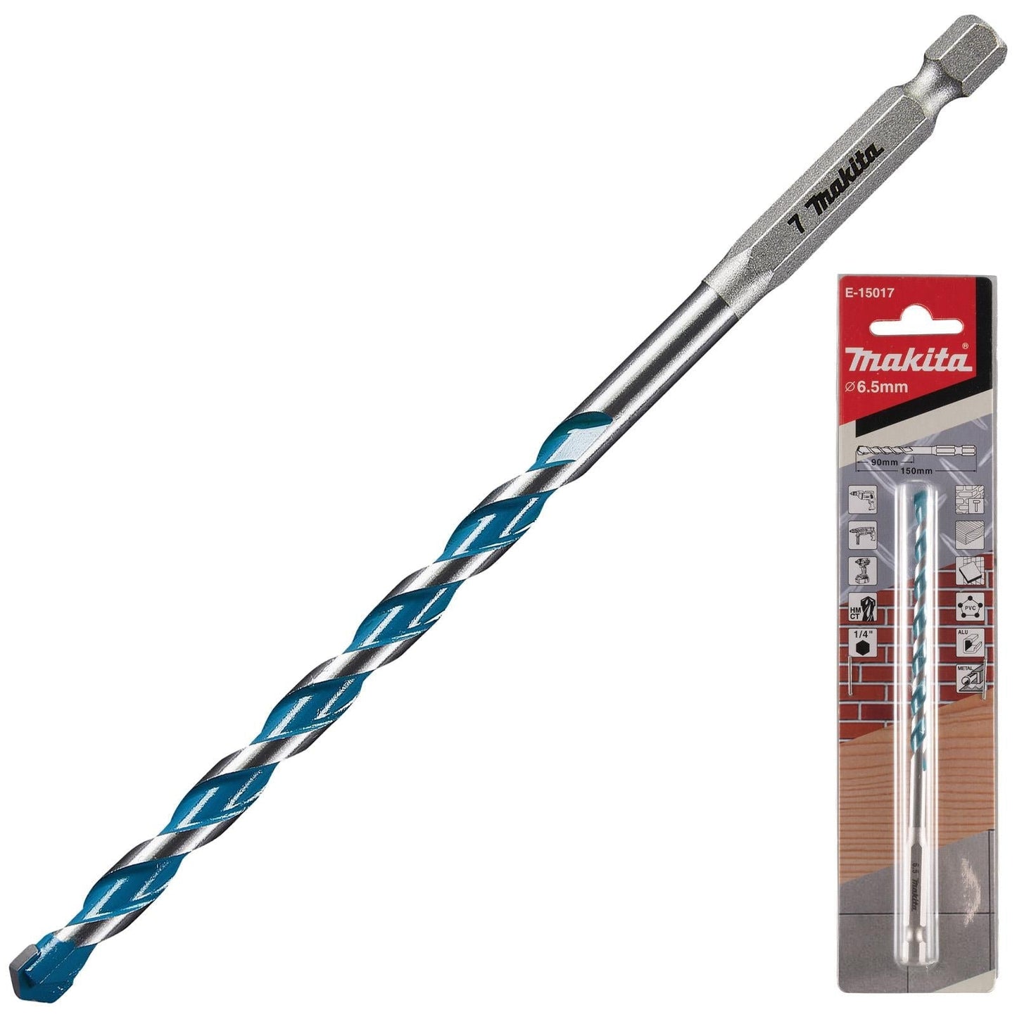 Makita TCT Multi-Material Drill Bits with 1/4" Hex Shank – Available in Various Sizes (Wood, Plastic, Masonry, Ceramic, Steel)