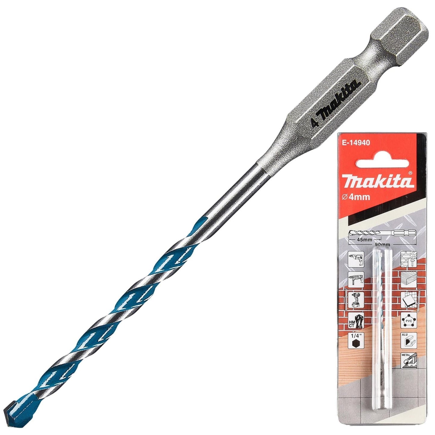 Makita TCT Multi-Material Drill Bits with 1/4" Hex Shank – Available in Various Sizes (Wood, Plastic, Masonry, Ceramic, Steel)