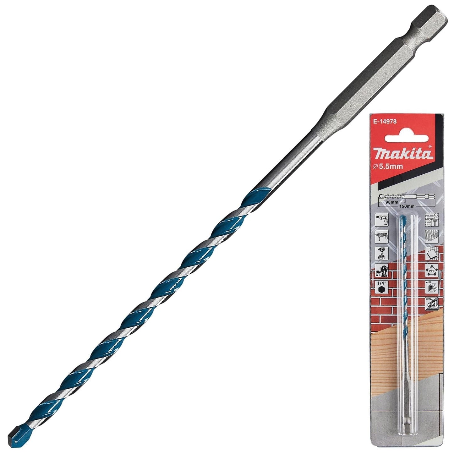 Makita TCT Multi-Material Drill Bits with 1/4" Hex Shank – Available in Various Sizes (Wood, Plastic, Masonry, Ceramic, Steel)