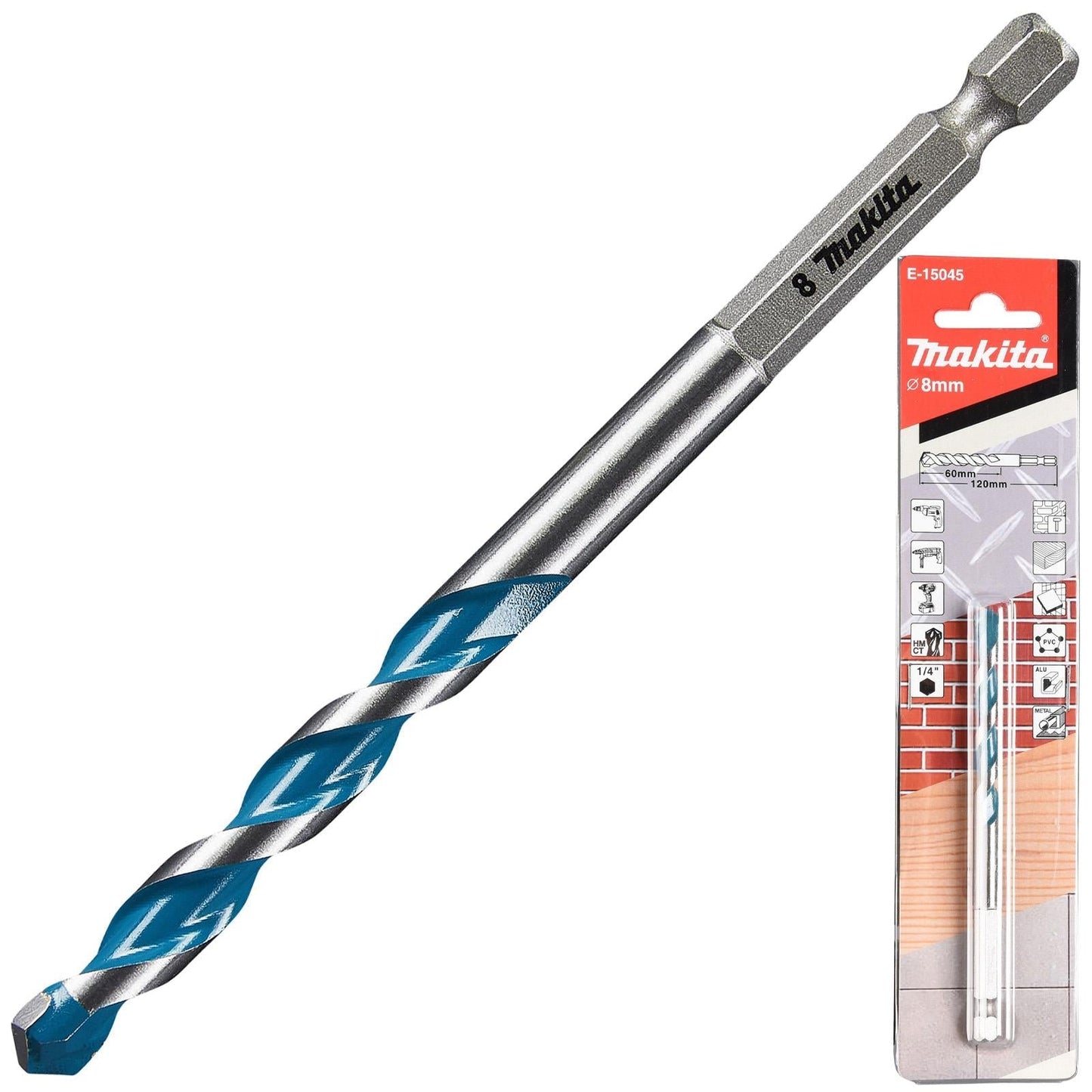 Makita TCT Multi-Material Drill Bits with 1/4" Hex Shank – Available in Various Sizes (Wood, Plastic, Masonry, Ceramic, Steel)