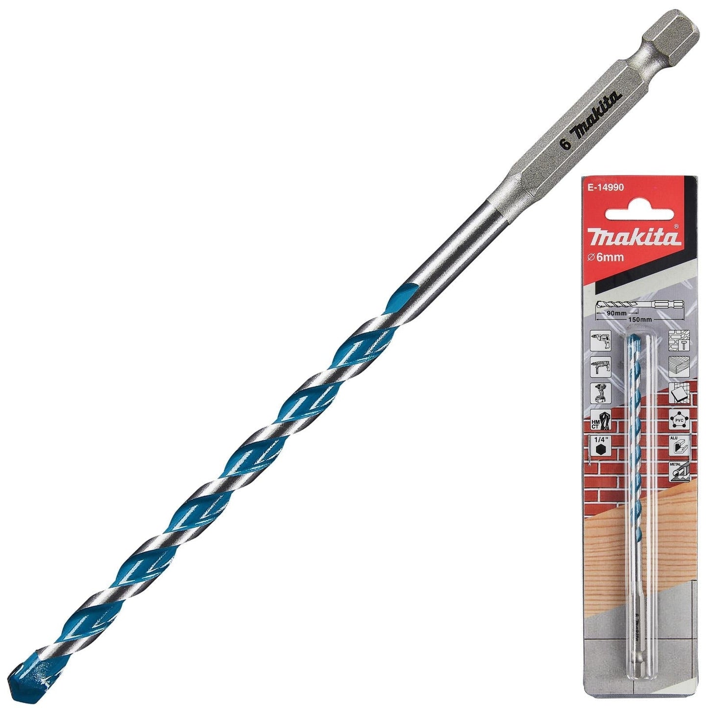 Makita TCT Multi-Material Drill Bits with 1/4" Hex Shank – Available in Various Sizes (Wood, Plastic, Masonry, Ceramic, Steel)