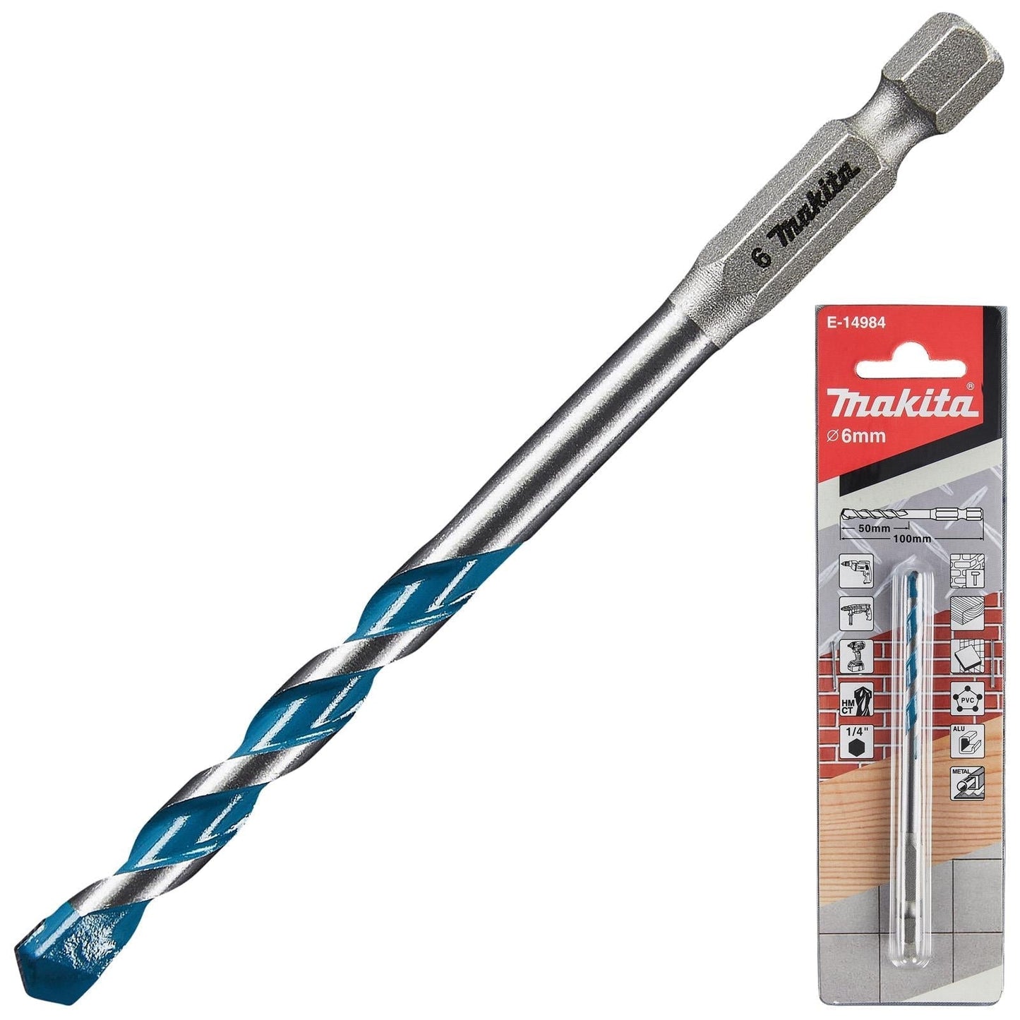 Makita TCT Multi-Material Drill Bits with 1/4" Hex Shank – Available in Various Sizes (Wood, Plastic, Masonry, Ceramic, Steel)