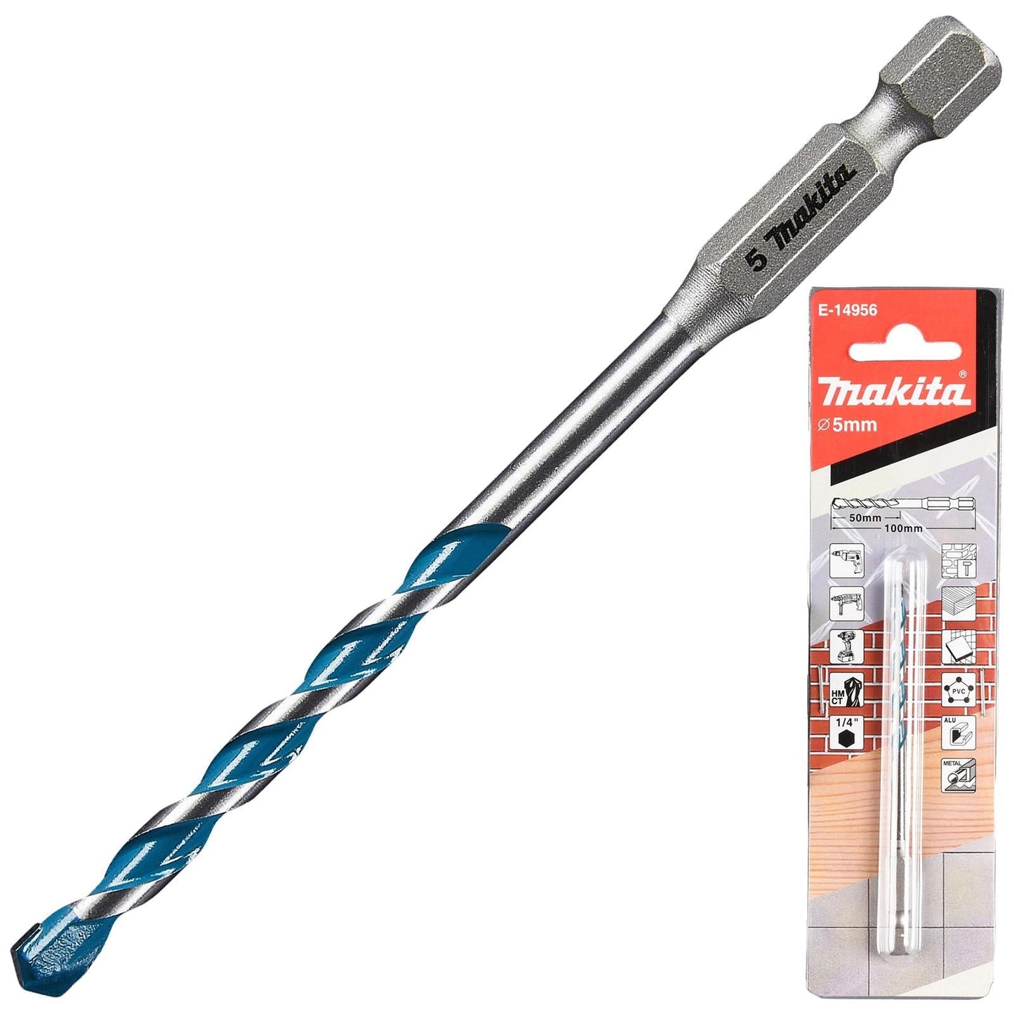 Makita TCT Multi-Material Drill Bits with 1/4" Hex Shank – Available in Various Sizes (Wood, Plastic, Masonry, Ceramic, Steel)