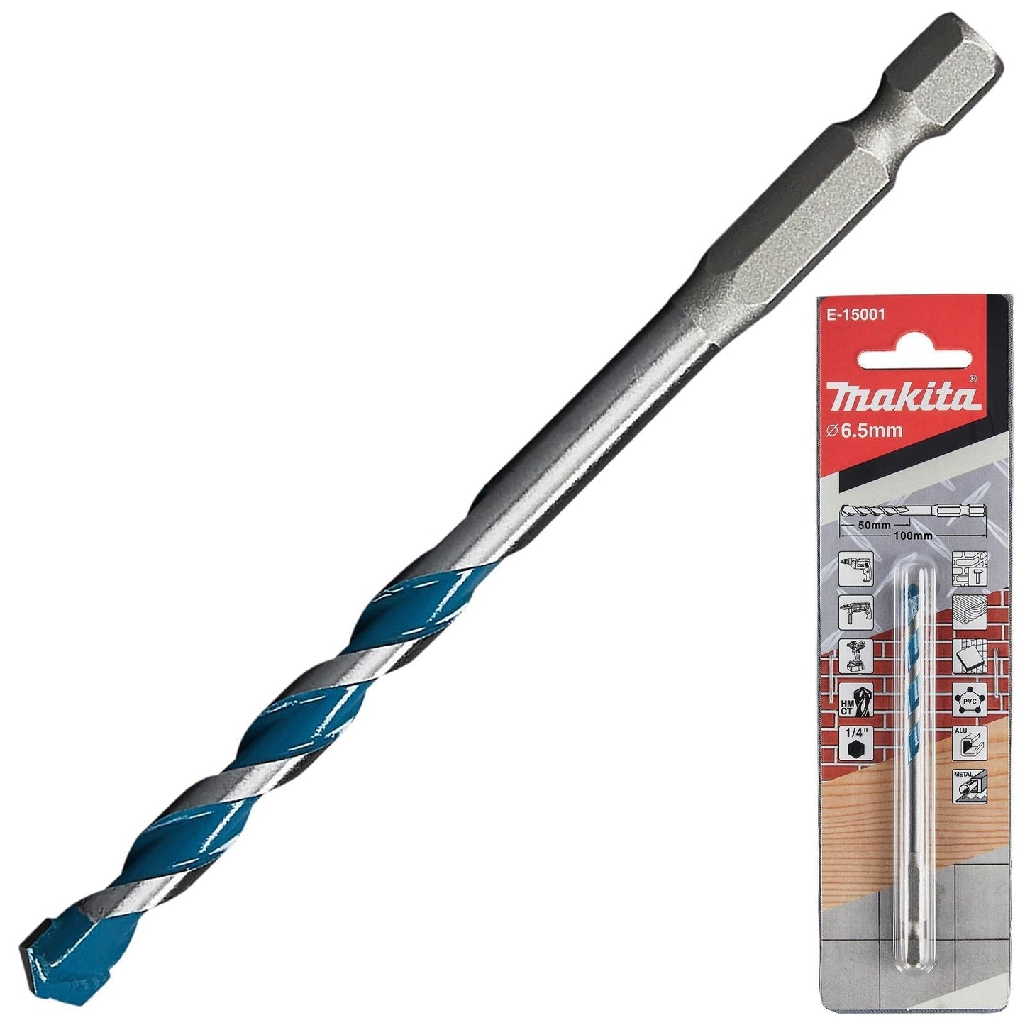 Makita TCT Multi-Material Drill Bits with 1/4" Hex Shank – Available in Various Sizes (Wood, Plastic, Masonry, Ceramic, Steel)