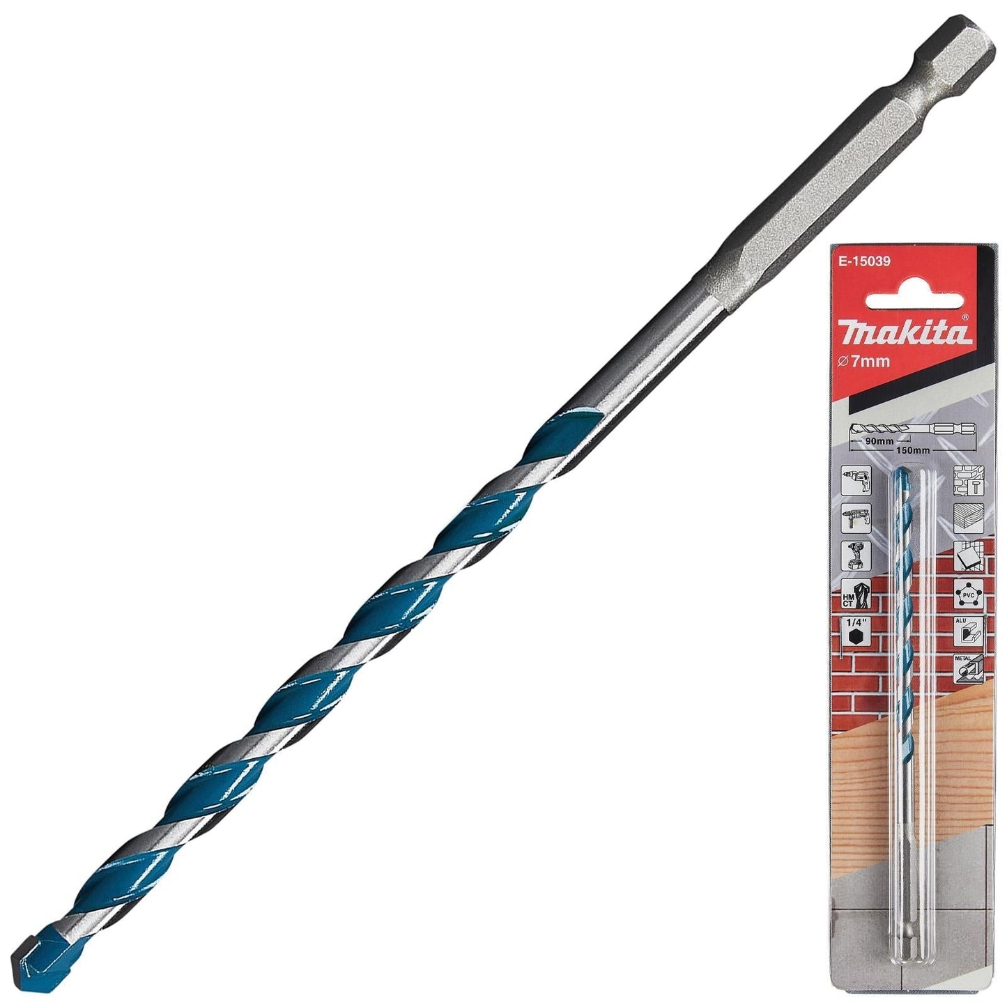 Makita TCT Multi-Material Drill Bits with 1/4" Hex Shank – Available in Various Sizes (Wood, Plastic, Masonry, Ceramic, Steel)