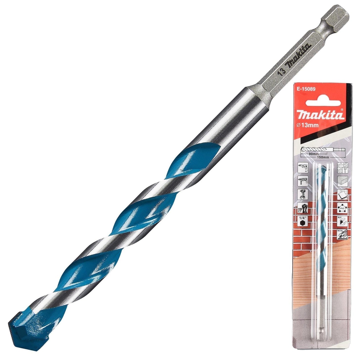 Makita TCT Multi-Material Drill Bits with 1/4" Hex Shank – Available in Various Sizes (Wood, Plastic, Masonry, Ceramic, Steel)