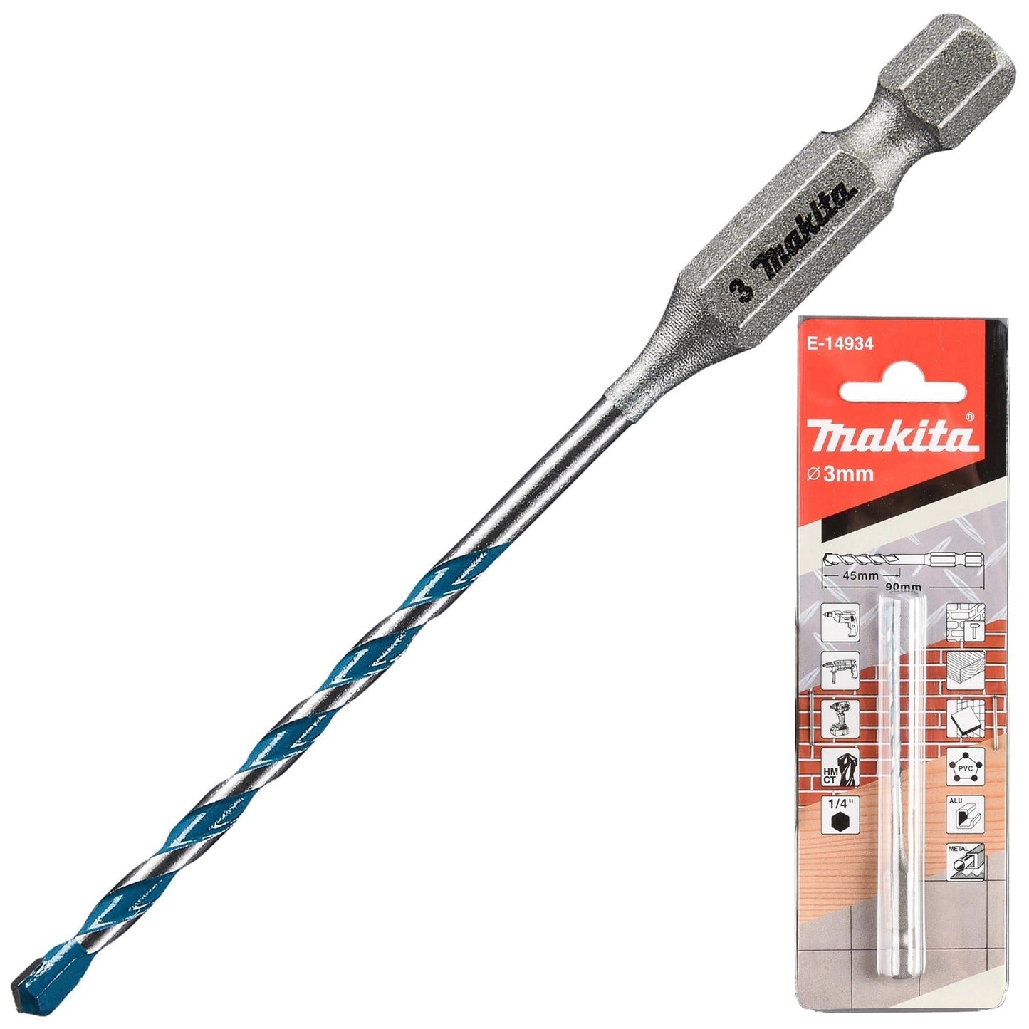 Makita TCT Multi-Material Drill Bits with 1/4" Hex Shank – Available in Various Sizes (Wood, Plastic, Masonry, Ceramic, Steel)